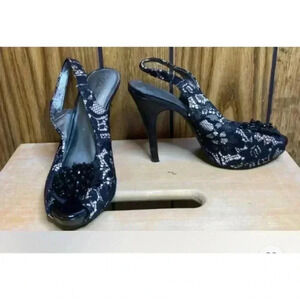 Woman LULU TOWNSEND Black Lace Jewel Peep Toe Slingback High Heel Shoes Sz 7.5
